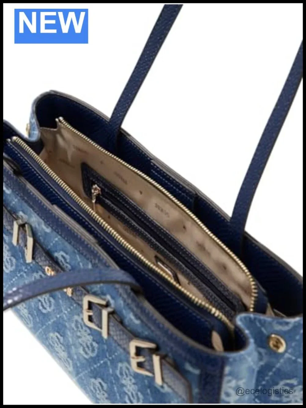 Denim Satchel Shoulder Bag with Gold Hardware Zip Pockets